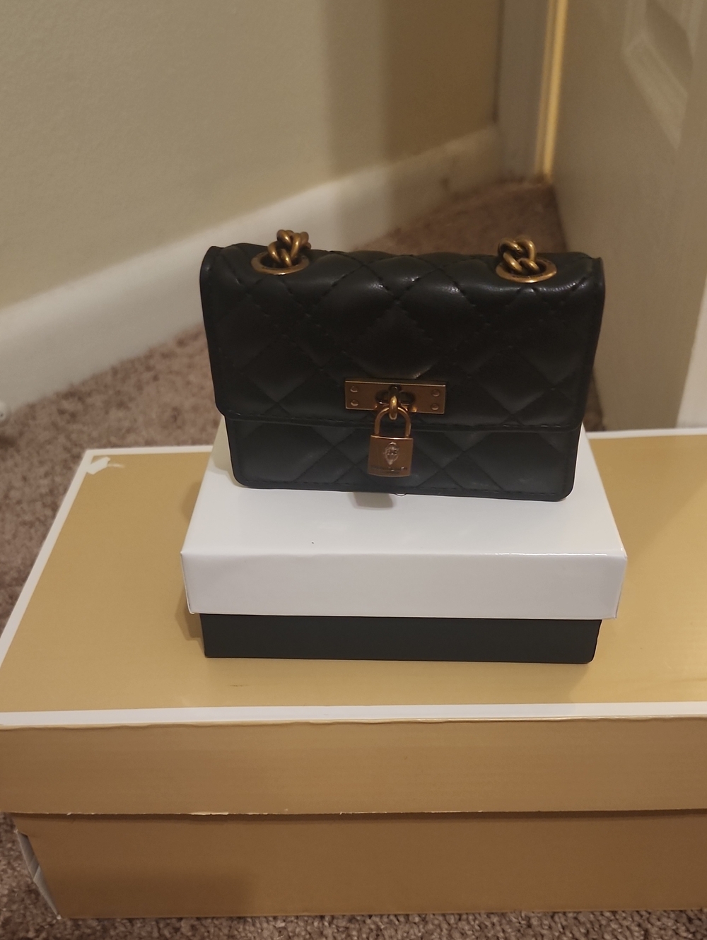 Kurt Geiger Quilted Black Leather Shoulder Bag with Gold Hardware